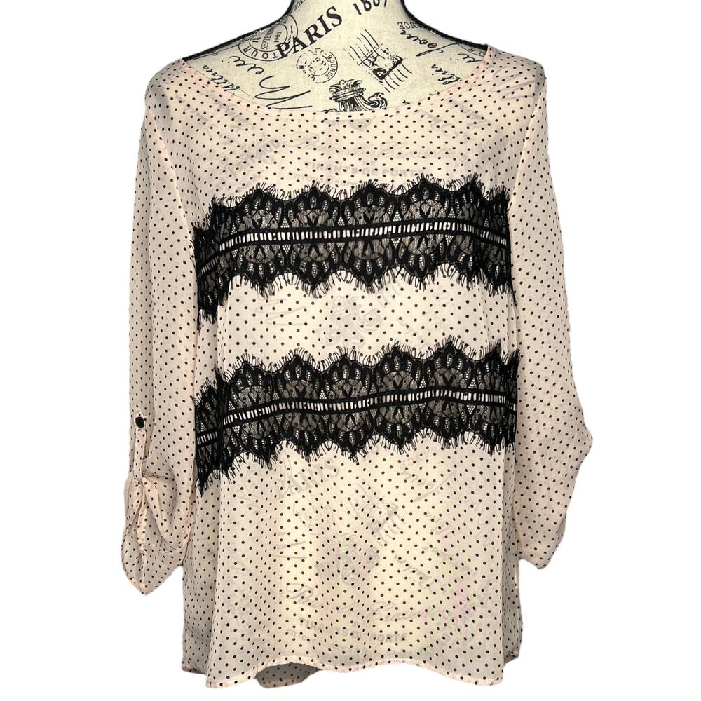 Maurices MEDIUM Peach Polka Dot Lace Fringe Detail Roll Tab Semi-Sheer Blouse